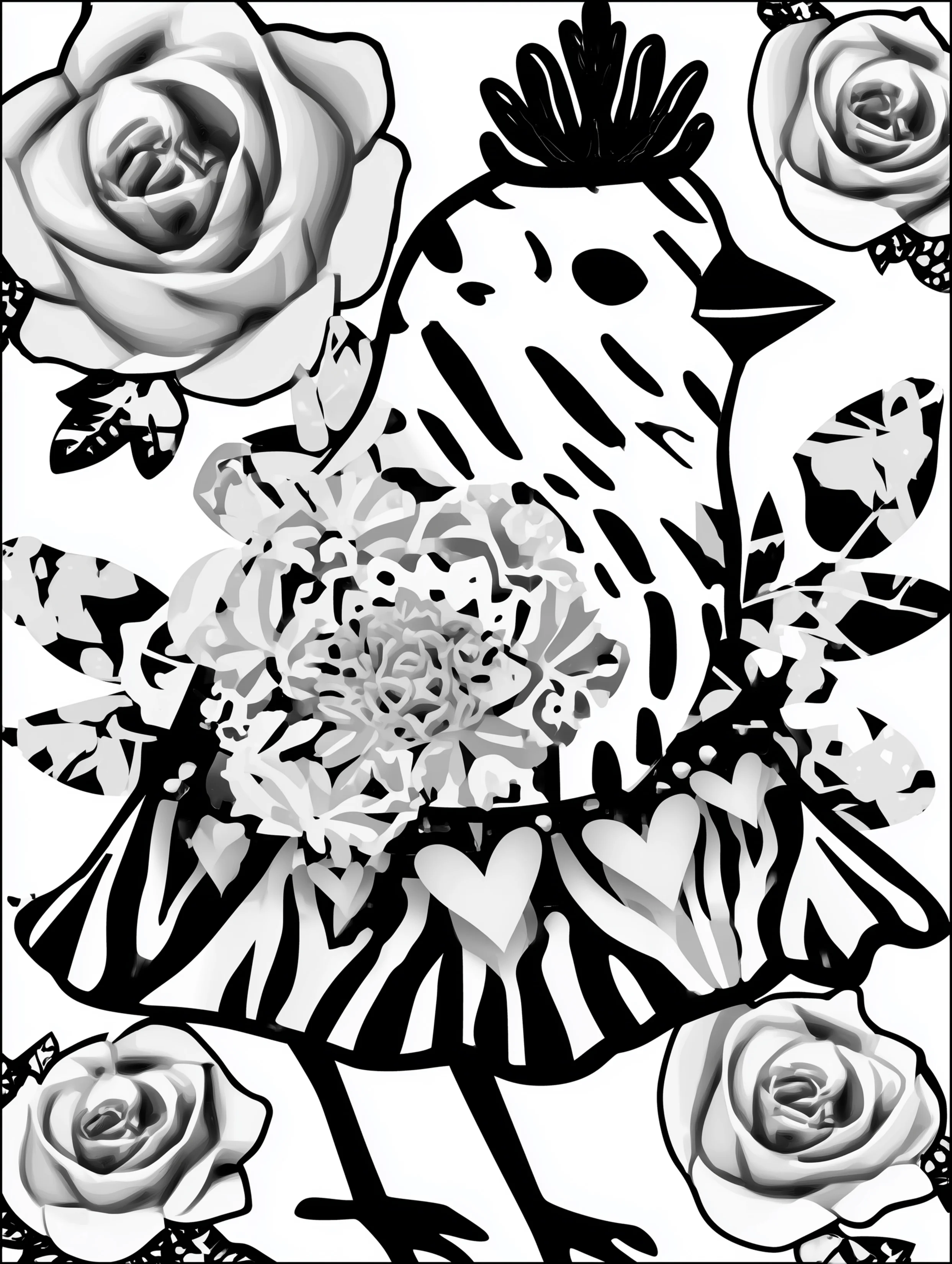 Free printable bird coloring page for adults featuring a bird wearing a short skirt and looking right